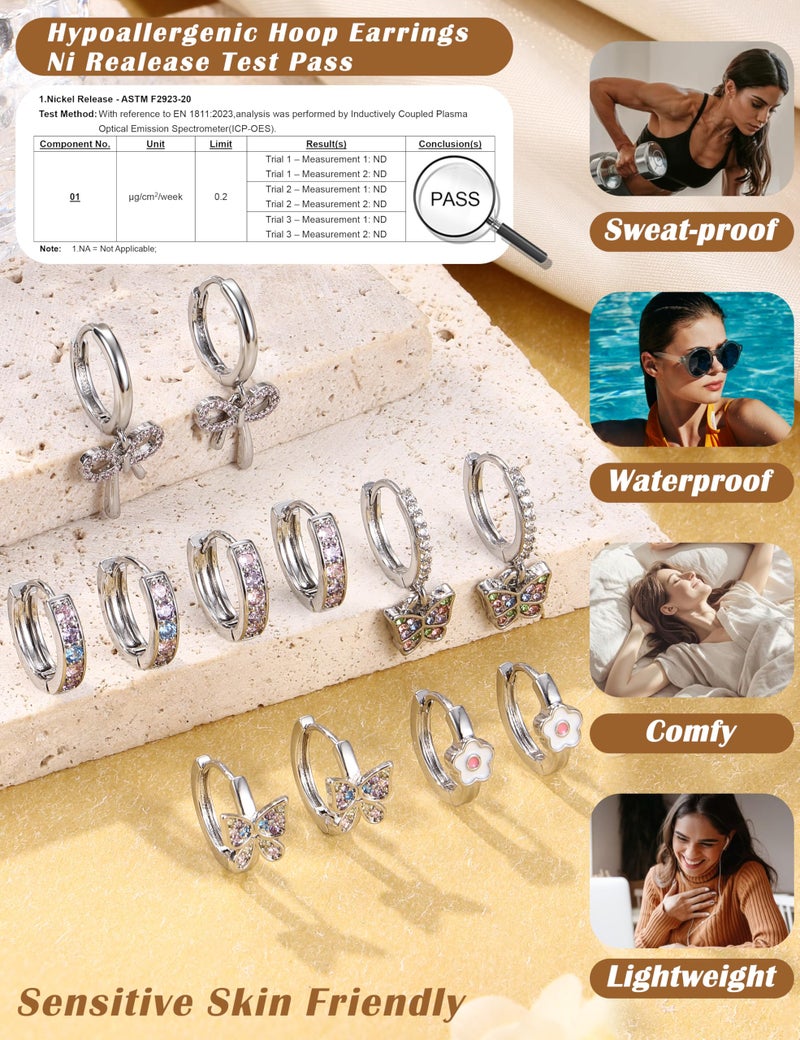 LOYALLOOK Small Hoop Earrings for Women Hypoallergenic Silver Huggie Hoop Earrings for Sensitive Ears Cute Butterfly Earrings Colorful CZ Daisy Heart Bow Dangle Earring Set 6pairs - Image 4