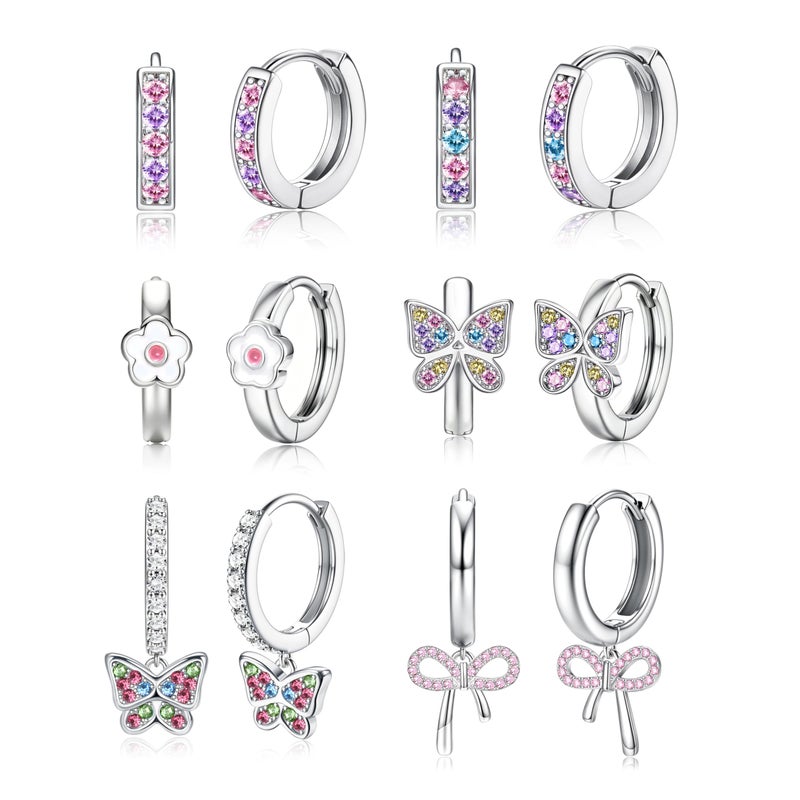 LOYALLOOK Small Hoop Earrings for Women Hypoallergenic Silver Huggie Hoop Earrings for Sensitive Ears Cute Butterfly Earrings Colorful CZ Daisy Heart Bow Dangle Earring Set 6pairs - Image 1