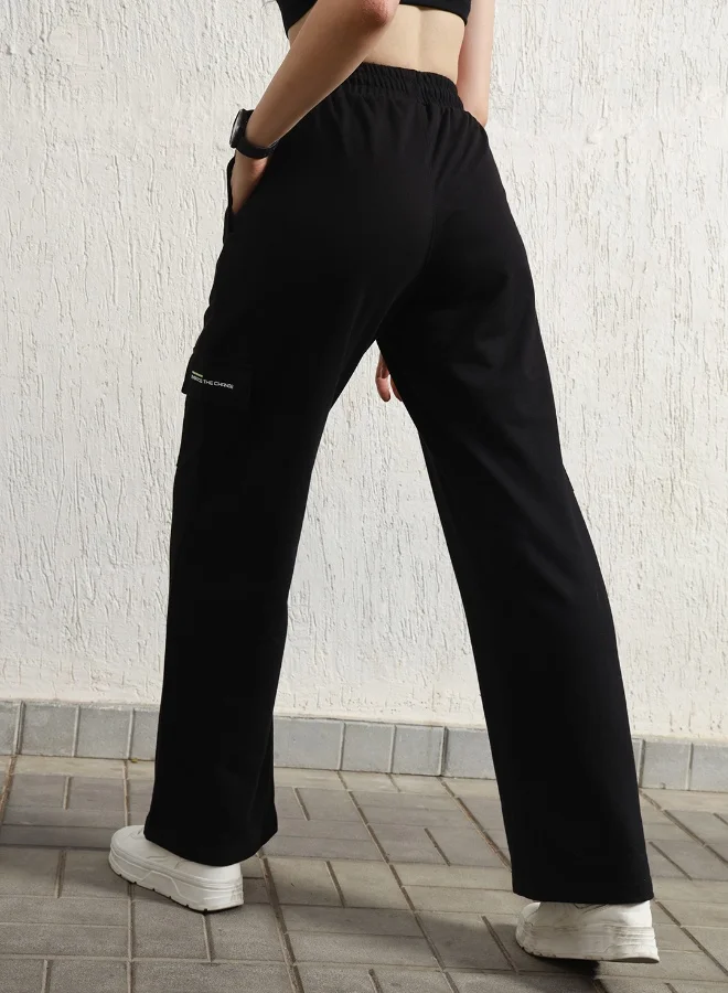 Hubberholme black Women's Black Cotton Blend Printed Full Length Cargo Regular Fit Trouser for Women | Best Price UAE