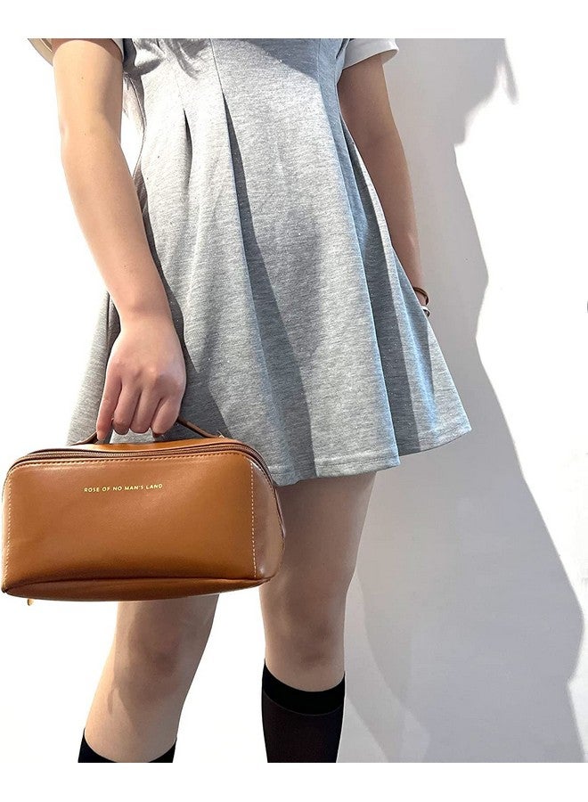Awestuffs Luxury Cosmetic Bag - Makeup Bag, Portable Waterproof PU Leather Make Up Bag, Travel Makeup Bag Flat Lay Cosmetic Bag Makeup Organizer Bag with Handle and Divider (Brown) - Image 5