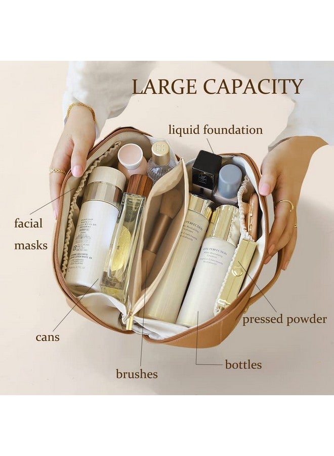 Awestuffs Luxury Cosmetic Bag - Makeup Bag, Portable Waterproof PU Leather Make Up Bag, Travel Makeup Bag Flat Lay Cosmetic Bag Makeup Organizer Bag with Handle and Divider (Brown) - Image 3