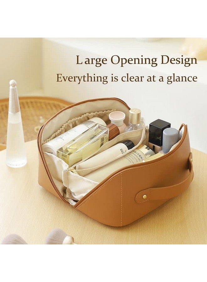 Awestuffs Luxury Cosmetic Bag - Makeup Bag, Portable Waterproof PU Leather Make Up Bag, Travel Makeup Bag Flat Lay Cosmetic Bag Makeup Organizer Bag with Handle and Divider (Brown) - Image 2