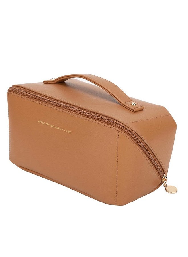 Awestuffs Luxury Cosmetic Bag - Makeup Bag, Portable Waterproof PU Leather Make Up Bag, Travel Makeup Bag Flat Lay Cosmetic Bag Makeup Organizer Bag with Handle and Divider (Brown) - Image 1