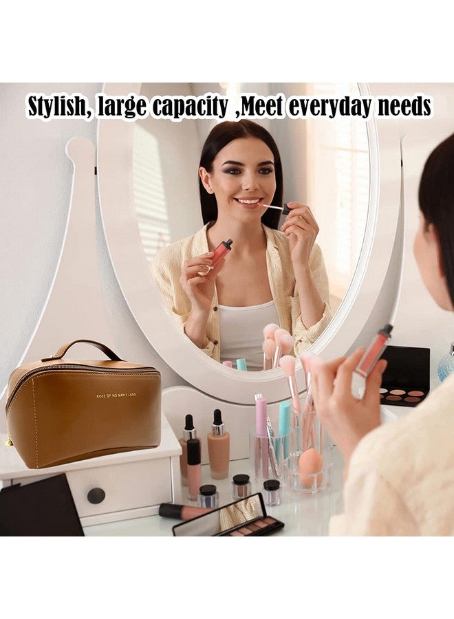 Awestuffs Luxury Cosmetic Bag - Makeup Bag, Portable Waterproof PU Leather Make Up Bag, Travel Makeup Bag Flat Lay Cosmetic Bag Makeup Organizer Bag with Handle and Divider (Brown) - Image 4