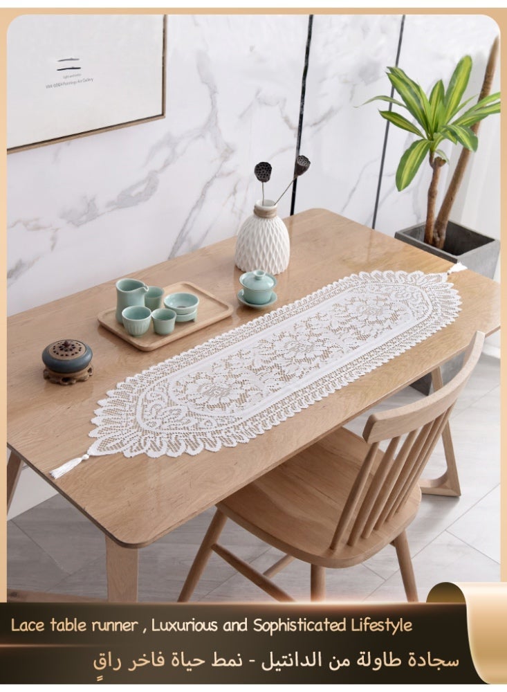 Hollow Lace Table Runner White Elegant Floral Design for Dining Table & Home Deco 114 x 33cm - Image 1