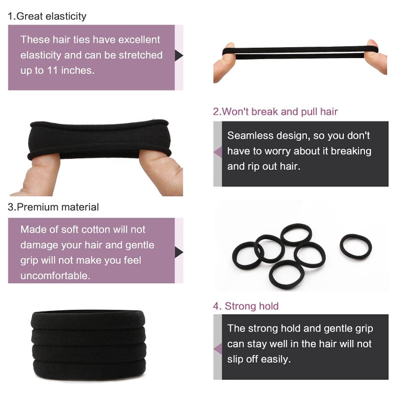 SYGY 100PCS Black Hair Ties for Women, Seamless Cotton Hair Bands, No Crease No Damage Hair Tie for Thick Thin Hair, Soft Ponytail Holders Hair Accessories for Girls, Chirstmas Gifts - Image 3
