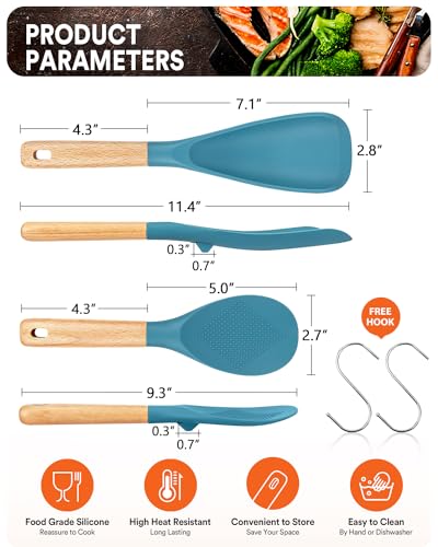 Badiano Cooking Spoon and Rice Scooper for Nonstick Cookwares, Great for Cooking and Serving Sturdy BPA-Free Matte Silicone, Wood Handle Spoon for Mixing, Scoop, and Scrape, Turquoise - Image 2