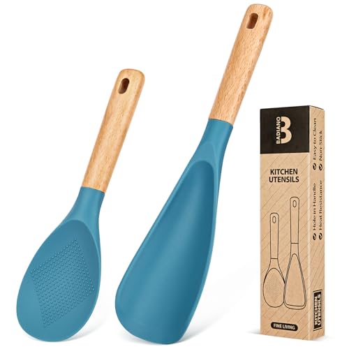 Badiano Cooking Spoon and Rice Scooper for Nonstick Cookwares, Great for Cooking and Serving Sturdy BPA-Free Matte Silicone, Wood Handle Spoon for Mixing, Scoop, and Scrape, Turquoise - Image 5