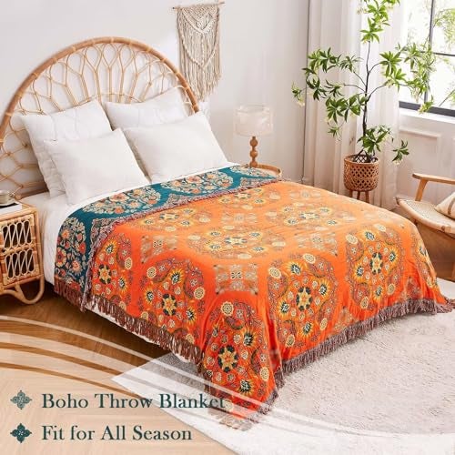 XIBLC Boho Throw Blanket, 100% Cotton Ultra Soft Luxury Throw Rustic Quilt, 60"x80" Floral Printed Farmhouse Decor Bed Summer Blankets, All Season Rustic Reversible Bohemian Throw for Bed - Orange - Image 5