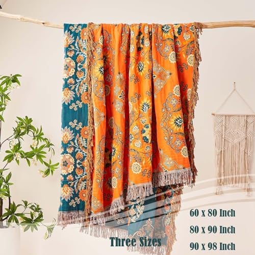 XIBLC Boho Throw Blanket, 100% Cotton Ultra Soft Luxury Throw Rustic Quilt, 60"x80" Floral Printed Farmhouse Decor Bed Summer Blankets, All Season Rustic Reversible Bohemian Throw for Bed - Orange - Image 3