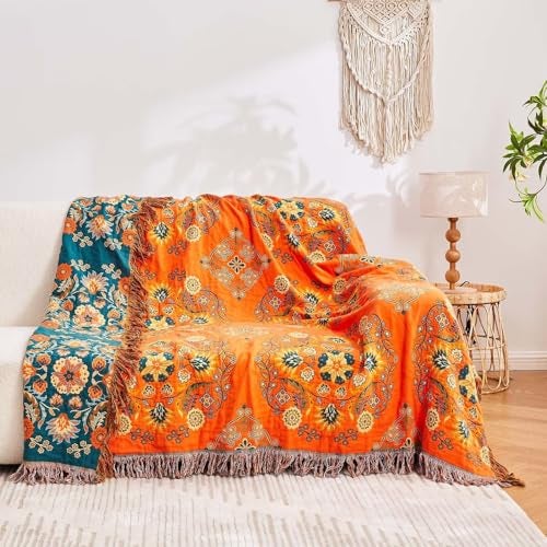 XIBLC Boho Throw Blanket, 100% Cotton Ultra Soft Luxury Throw Rustic Quilt, 60"x80" Floral Printed Farmhouse Decor Bed Summer Blankets, All Season Rustic Reversible Bohemian Throw for Bed - Orange - Image 4