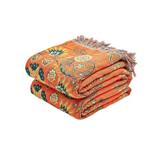 XIBLC Boho Throw Blanket, 100% Cotton Ultra Soft Luxury Throw Rustic Quilt, 60"x80" Floral Printed Farmhouse Decor Bed Summer Blankets, All Season Rustic Reversible Bohemian Throw for Bed - Orange - Image 1