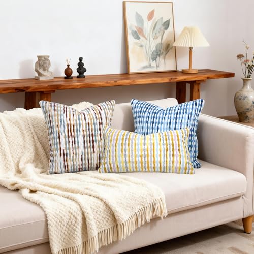 QoBexim Boho Decorative Throw Pillow Covers 18x18 Inch, Chenille Tufted Pillow Cover Stripe Textured Square Farmhouse Accent Pillowcase for Couch Sofa Bedroom Living Room, Red White Khaki Grey 1 Pack - Image 3