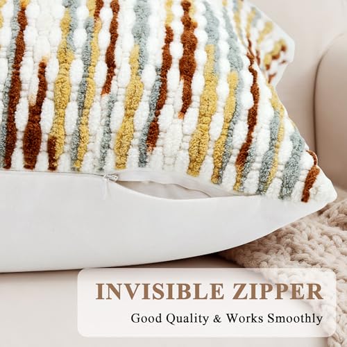 QoBexim Boho Decorative Throw Pillow Covers 18x18 Inch, Chenille Tufted Pillow Cover Stripe Textured Square Farmhouse Accent Pillowcase for Couch Sofa Bedroom Living Room, Red White Khaki Grey 1 Pack - Image 4