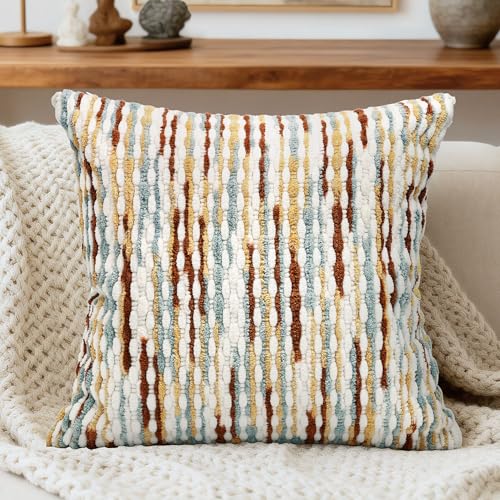 QoBexim Boho Decorative Throw Pillow Covers 18x18 Inch, Chenille Tufted Pillow Cover Stripe Textured Square Farmhouse Accent Pillowcase for Couch Sofa Bedroom Living Room, Red White Khaki Grey 1 Pack - Image 1
