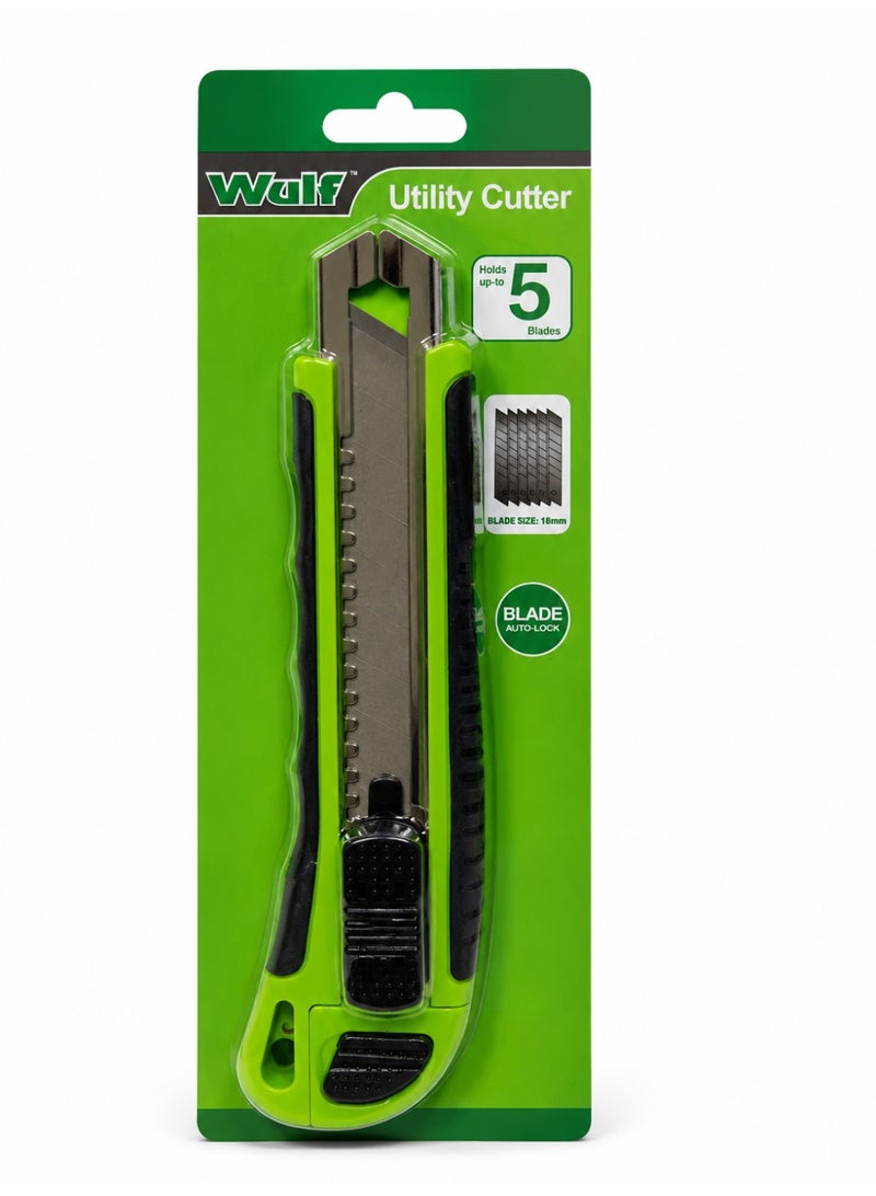 Wulf 18mm Utility Cutter Heavy Duty Retractable Box Cutter Knife with Auto Lock Blade Ergonomic Grip and 5 Blade Capacity for DIY Craft and Packaging Work - Image 1