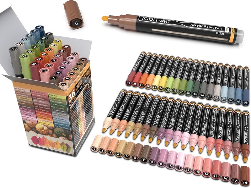 TOOLI-ART 36 Acrylic Paint Pens Skin and Natural Earth Tone Marker Set For Rock Painting, Canvas, Mugs, Glass, Plastic, Wood, Metal, Fabric, Scrapbooking, Most Surfaces. Quick Drying Waterbased (MEDIUM) - Image 1