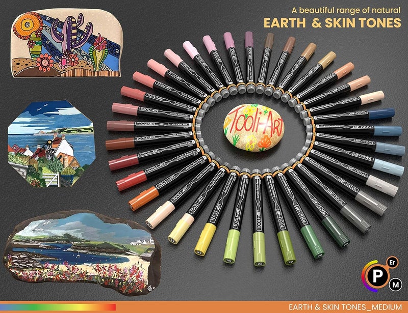 TOOLI-ART 36 Acrylic Paint Pens Skin and Natural Earth Tone Marker Set For Rock Painting, Canvas, Mugs, Glass, Plastic, Wood, Metal, Fabric, Scrapbooking, Most Surfaces. Quick Drying Waterbased (MEDIUM) - Image 4