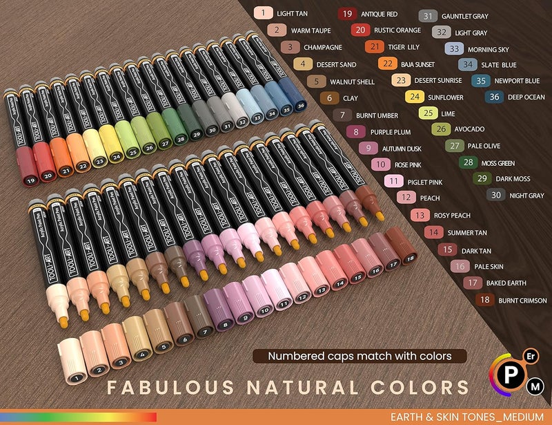 TOOLI-ART 36 Acrylic Paint Pens Skin and Natural Earth Tone Marker Set For Rock Painting, Canvas, Mugs, Glass, Plastic, Wood, Metal, Fabric, Scrapbooking, Most Surfaces. Quick Drying Waterbased (MEDIUM) - Image 5