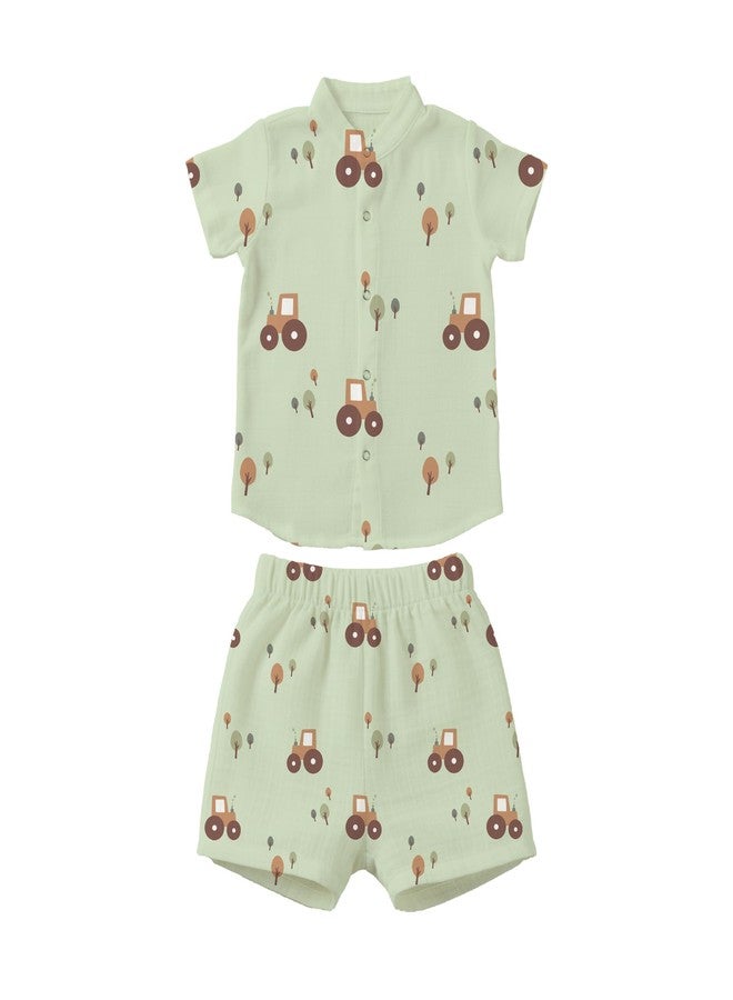 Mookoo Premium Muslin Baby Shirt & Shorts Set | Ultra-Soft Cotton Co-Ord for Newborns | Lightweight, Breathable & Skin-Friendly Wear (Tractor, 18-24M) - Image 1