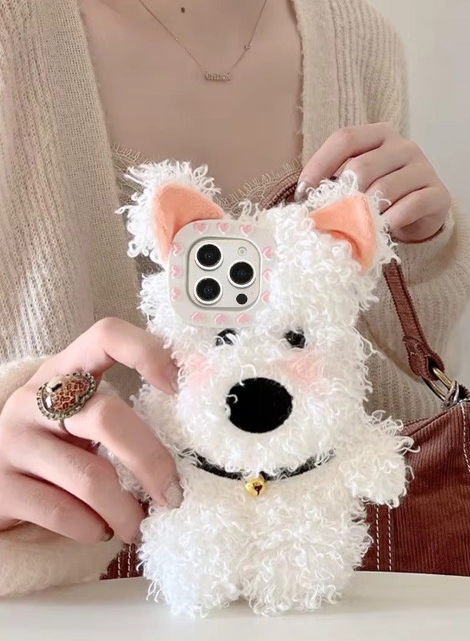 MiMi & BeiBei غطاء آيفون 16 برو ماكس من الفرو الناعم 3D على شكل كلب أبيض مع حماية أنيقة وفتحة دقيقة للكاميرا الرباعية مقاوم للصدمات والخدوش تصميم لطيف حماية كاملة - Image 3