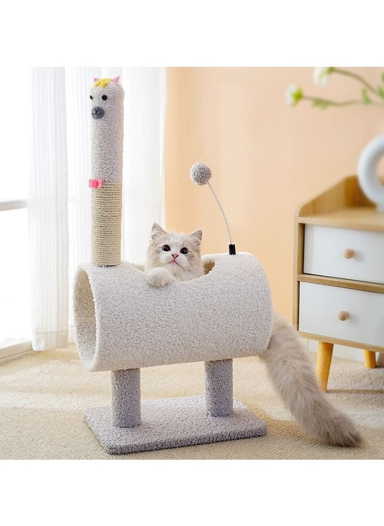 SAPU - SAPU Cute alpaca Cat Tree,Tunnel Cat Litter,Cat Tower with Sisal Covered Scratch Post with Hanging Toys,Kitten Climbing Pole for Play Rest， Sisal Cat Tree for Indoor Cats Kittens (white) - Image 1