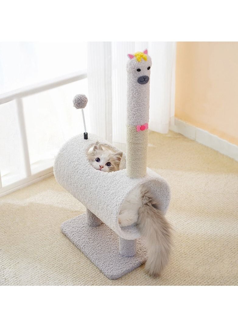 SAPU - SAPU Cute alpaca Cat Tree,Tunnel Cat Litter,Cat Tower with Sisal Covered Scratch Post with Hanging Toys,Kitten Climbing Pole for Play Rest， Sisal Cat Tree for Indoor Cats Kittens (white) - Image 1