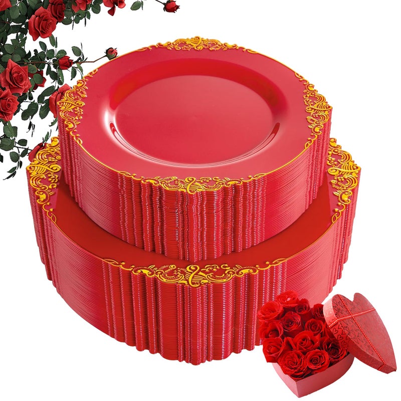 Joyido 102PCS Red and Gold Plastic Plates - Red Plates Disposable - Red Plastic Plates with Gold Rim Include 51PCS Dessert Plates  51PCS Dinner Plates Perfect for Weddings & Parties & Valentine's Day - Image 1