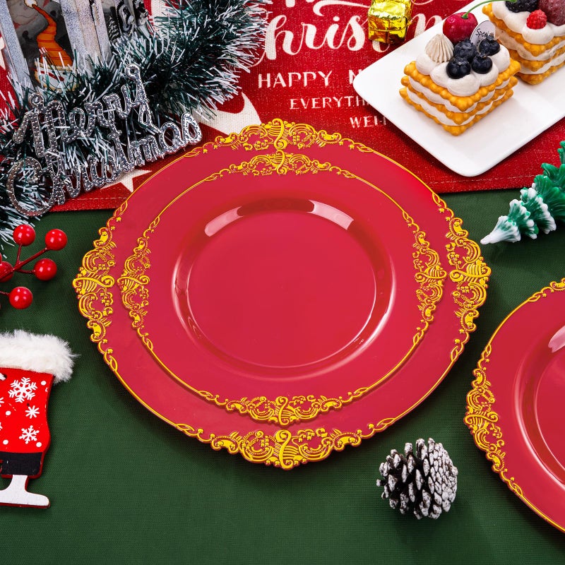 Joyido 102PCS Red and Gold Plastic Plates - Red Plates Disposable - Red Plastic Plates with Gold Rim Include 51PCS Dessert Plates  51PCS Dinner Plates Perfect for Weddings & Parties & Valentine's Day - Image 3