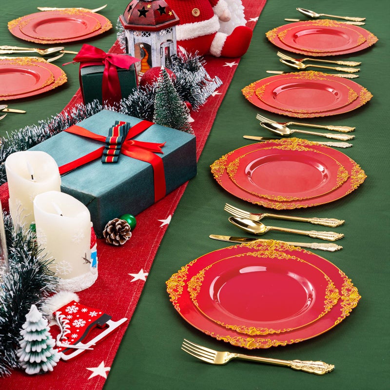 Joyido 102PCS Red and Gold Plastic Plates - Red Plates Disposable - Red Plastic Plates with Gold Rim Include 51PCS Dessert Plates  51PCS Dinner Plates Perfect for Weddings & Parties & Valentine's Day - Image 5