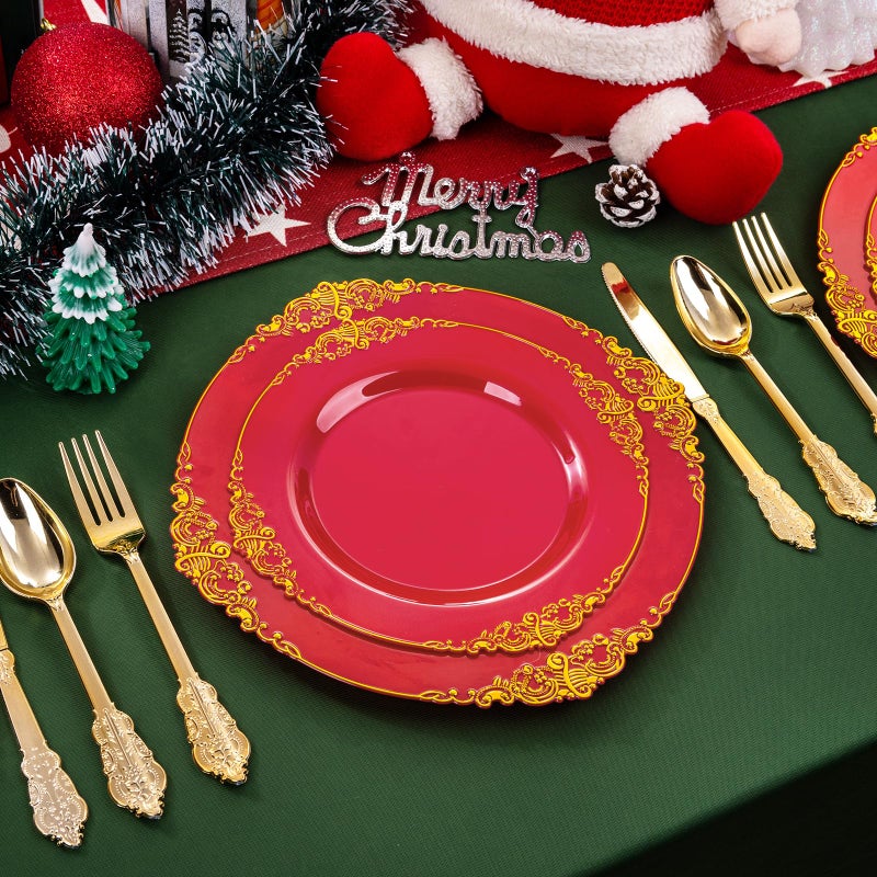 Joyido 102PCS Red and Gold Plastic Plates - Red Plates Disposable - Red Plastic Plates with Gold Rim Include 51PCS Dessert Plates  51PCS Dinner Plates Perfect for Weddings & Parties & Valentine's Day - Image 4