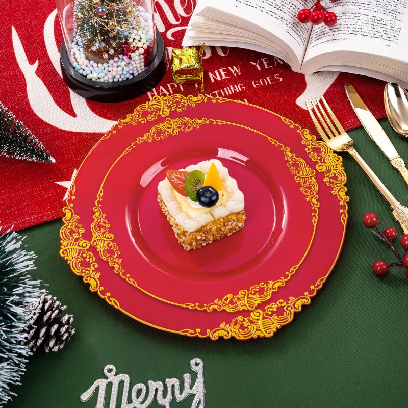 Joyido 102PCS Red and Gold Plastic Plates - Red Plates Disposable - Red Plastic Plates with Gold Rim Include 51PCS Dessert Plates  51PCS Dinner Plates Perfect for Weddings & Parties & Valentine's Day - Image 2