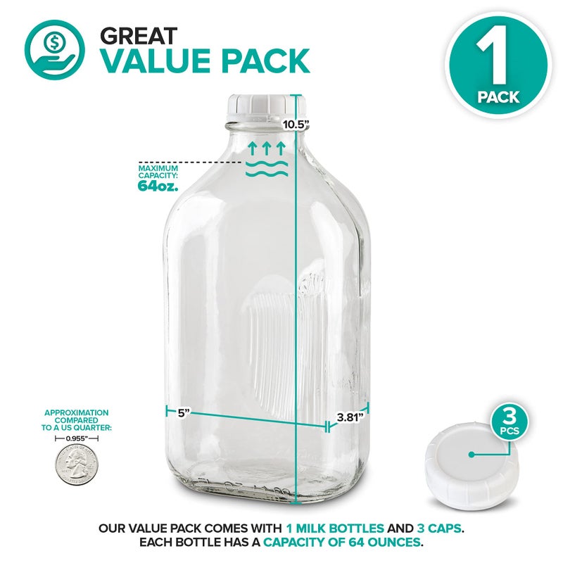 Stock Your Home Stock Your Home Half Gallon Glass Milk Bottle with Lid (1 Pack) 64 Oz Jugs and 3 White Caps  Reusable Food Grade Milk Container for Refrigerator  Bottles for Juice  Oat or Plant Milks  Water  Honey - Image 2