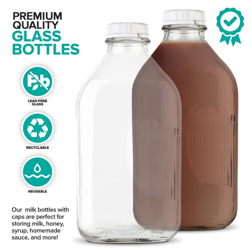 Stock Your Home Stock Your Home Half Gallon Glass Milk Bottle with Lid (1 Pack) 64 Oz Jugs and 3 White Caps  Reusable Food Grade Milk Container for Refrigerator  Bottles for Juice  Oat or Plant Milks  Water  Honey - Image 3