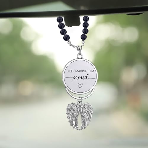 Qpige Memorial Car Charm Sympathy Gifts for Loss of Loved one Keep Making Her Proud Ornament Hanging Rear View Mirror Accessories Grief Bereavement Sympathy Gift Keep Making Him ProudSilver - Image 1