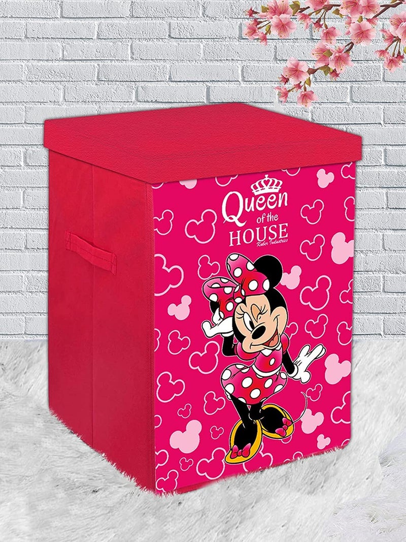 Kuber Industries Minnie Print NonWoven Laundry Basket Clothes Hamper For Laundry Closet Bedroom Bathroom With Lid Handles Pink 54KM4089 - Image 3