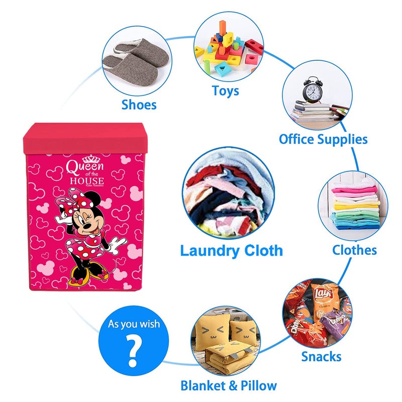 Kuber Industries Minnie Print NonWoven Laundry Basket Clothes Hamper For Laundry Closet Bedroom Bathroom With Lid Handles Pink 54KM4089 - Image 4