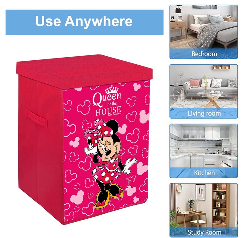 Kuber Industries Minnie Print NonWoven Laundry Basket Clothes Hamper For Laundry Closet Bedroom Bathroom With Lid Handles Pink 54KM4089 - Image 5