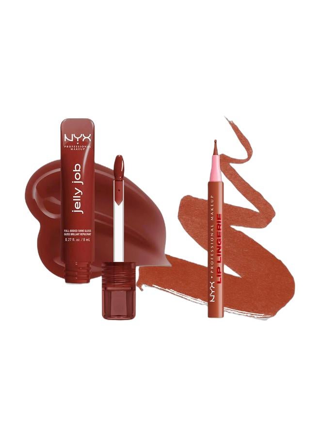 NYX PROFESSIONAL MAKEUP Jelly Job, Full-Bodied Shine Gloss, Lip-Smoothing Shine, Hyper-Glossy Finish, Jellybean & Lip Lingerie Lip Liner Stain, Seamless All Day Stain, Waterproof, Naughty Nude Bundle - Image 1