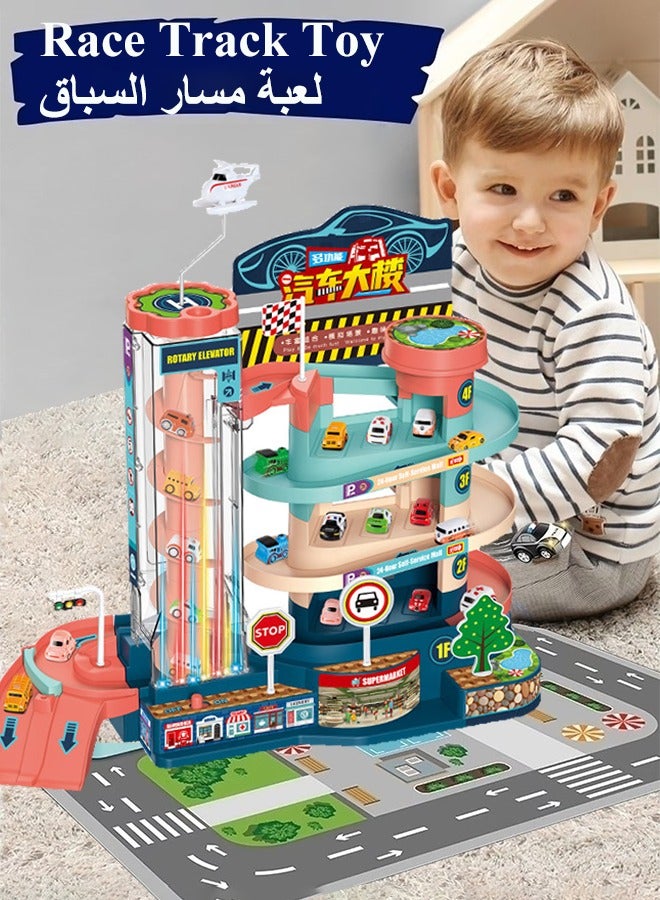 Race Track Toy with Colorful Lights, Multifunctional Race Track Car Ramp Toys, Lifting Parking Lot Toy, Multi Layer Circular Track Toy, Puzzle Track Racing Toy, Automatic Manual Sliding Car Track, Garage Toy Set, Vehicle Playsets, Car Toys for Boys and Girls  - Image 1