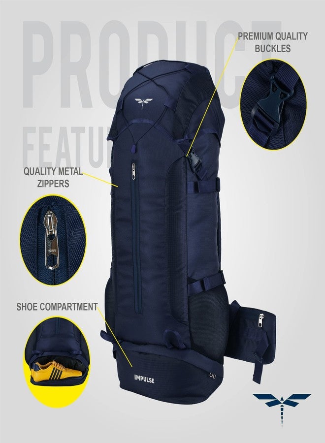 إمبلس حقيبة ظهر إمبلس، سعة 65 لترًا، حقيبة سفر رجالية، حقيبة سياحية للسفر، حقيبة ظهر قياسية للمشي لمسافات طويلة، حقيبة تخييم رجالية، حقيبة بلونين مع ضمان لمدة عام، لون أزرق داكن - Image 3