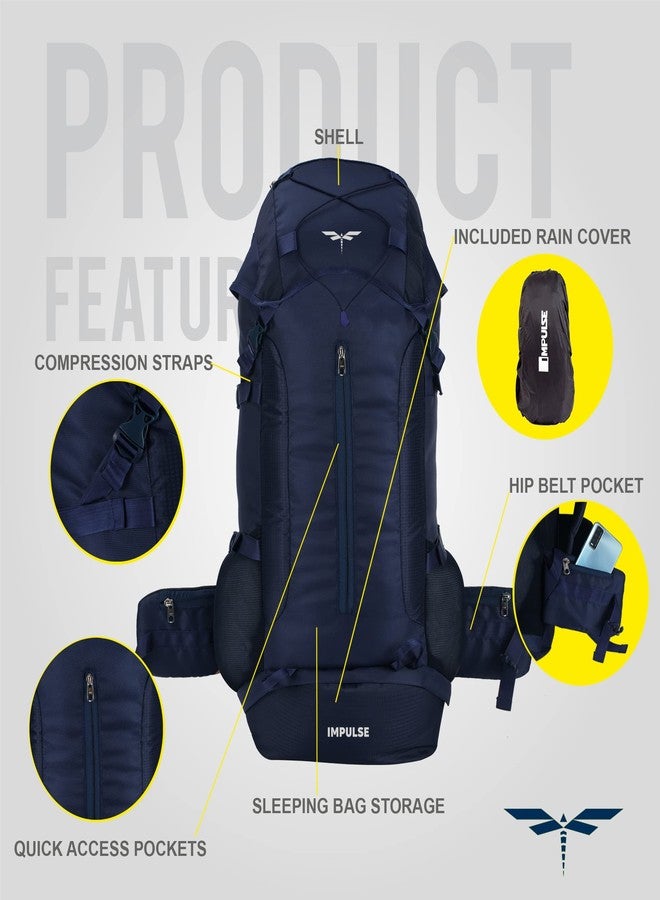 إمبلس حقيبة ظهر إمبلس، سعة 65 لترًا، حقيبة سفر رجالية، حقيبة سياحية للسفر، حقيبة ظهر قياسية للمشي لمسافات طويلة، حقيبة تخييم رجالية، حقيبة بلونين مع ضمان لمدة عام، لون أزرق داكن - Image 2