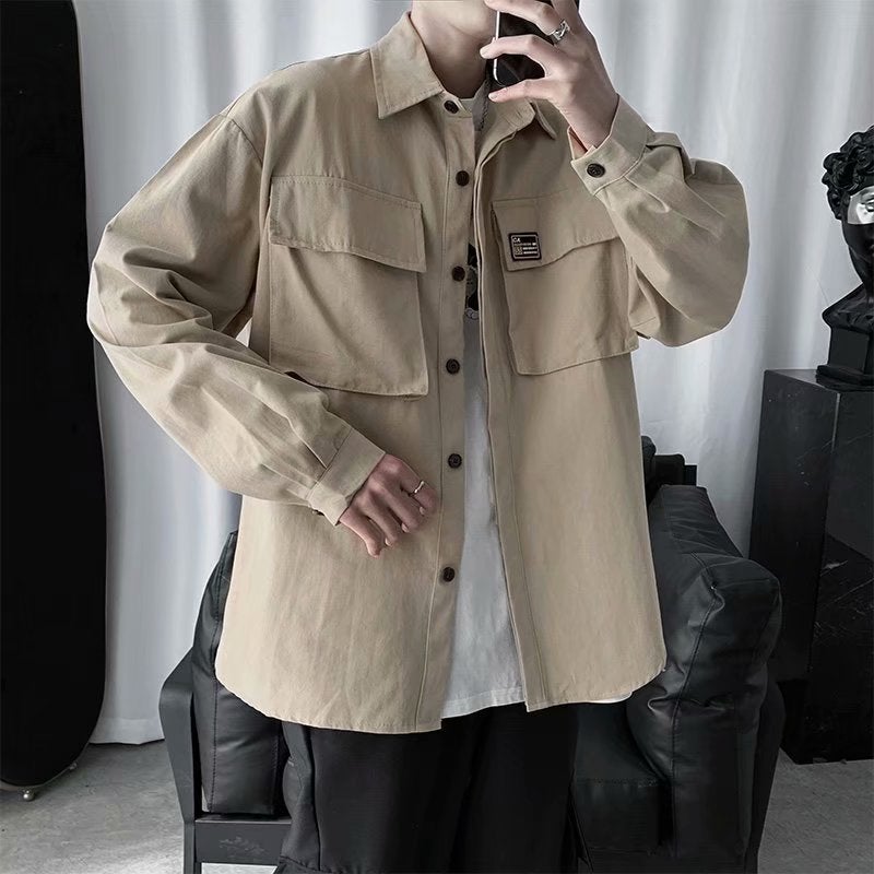 Spring and Summer trendy workwear pocket shirt mens trendy hip hop loose all-match student casual shirt jacket ins Army Green  - Image 5