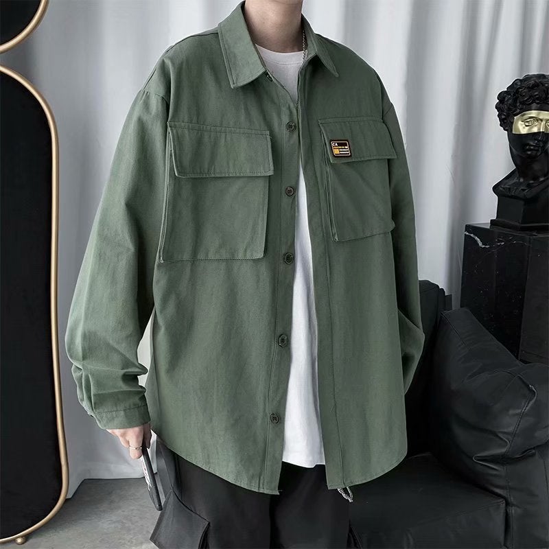 Spring and Summer trendy workwear pocket shirt mens trendy hip hop loose all-match student casual shirt jacket ins Army Green  - Image 1