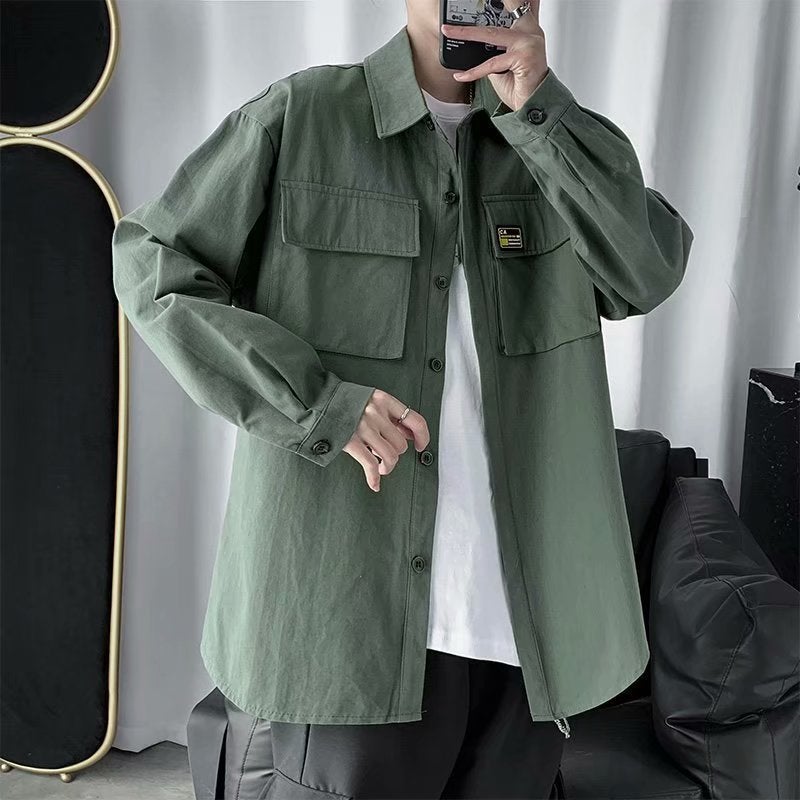 Spring and Summer trendy workwear pocket shirt mens trendy hip hop loose all-match student casual shirt jacket ins Army Green  - Image 3