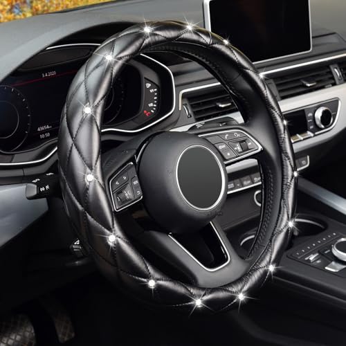 KAFEEK Diamond Soft Leather Steering Wheel Cover with Bling Bling Crystal Rhinestones, Universal 15 inch Anti-Slip, Car Interior Accessories for Women Girls, Black - Image 1