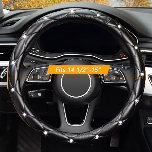 KAFEEK Diamond Soft Leather Steering Wheel Cover with Bling Bling Crystal Rhinestones, Universal 15 inch Anti-Slip, Car Interior Accessories for Women Girls, Black - Image 2