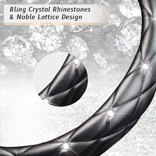 KAFEEK Diamond Soft Leather Steering Wheel Cover with Bling Bling Crystal Rhinestones, Universal 15 inch Anti-Slip, Car Interior Accessories for Women Girls, Black - Image 4