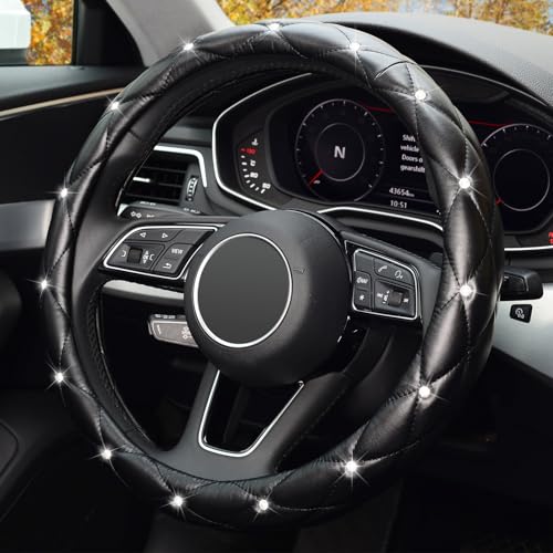 KAFEEK Diamond Soft Leather Steering Wheel Cover with Bling Bling Crystal Rhinestones, Universal 15 inch Anti-Slip, Car Interior Accessories for Women Girls, Black - Image 3