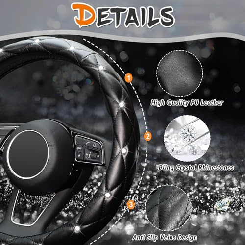 KAFEEK Diamond Soft Leather Steering Wheel Cover with Bling Bling Crystal Rhinestones, Universal 15 inch Anti-Slip, Car Interior Accessories for Women Girls, Black - Image 5
